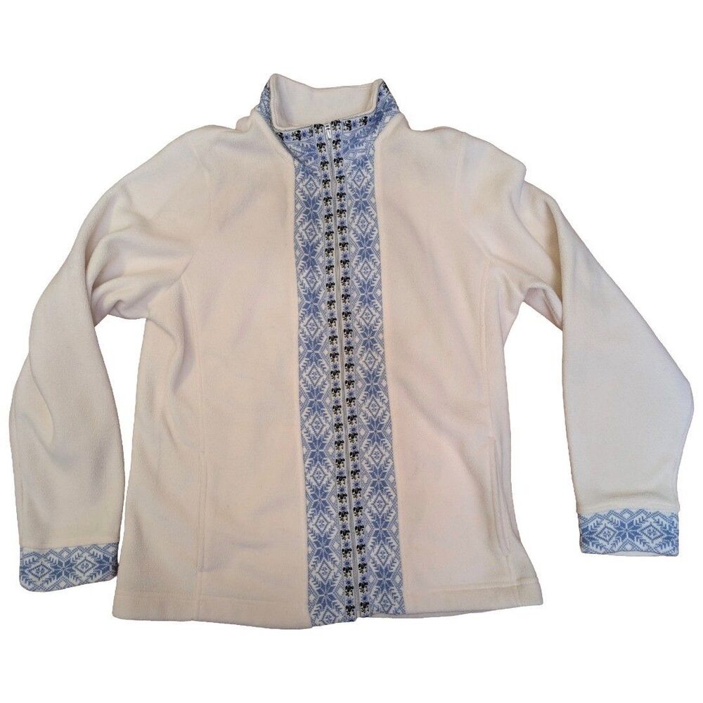 Vintage LL Bean Women's M Fleece Full Zip Nordic Fair Isle Snowflake Jacket